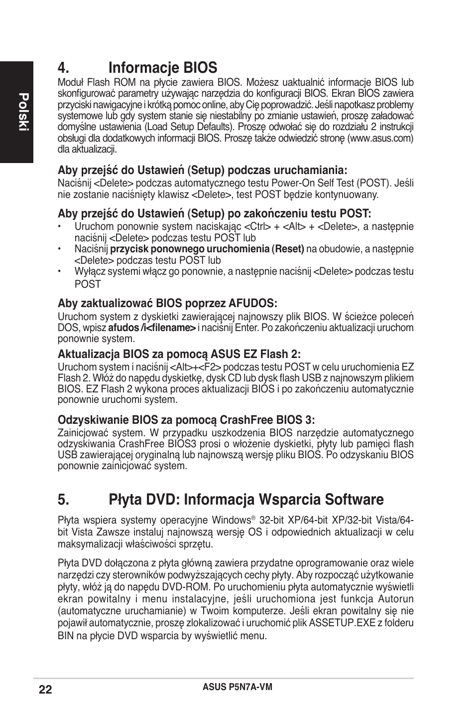 Informacje bios, Płyta dvd: informacja wsparcia software, Polski | Asus P5N7A-VM User Manual | Page 22 / 38