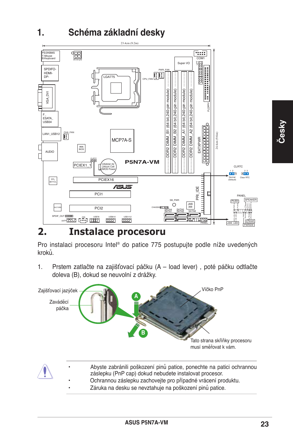 Schéma základní desky 2. instalace procesoru, Česky, Pro instalaci procesoru intel | Asus p5n7a-vm, Ba b, P5n7a-vm, Mcp7a-s | Asus P5N7A-VM User Manual | Page 23 / 38