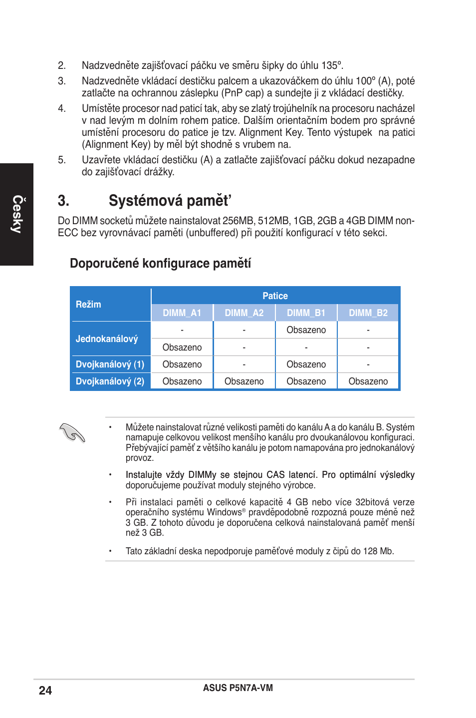 Systémová pamět, Česky, Doporučené konfigurace pamětí | Asus P5N7A-VM User Manual | Page 24 / 38