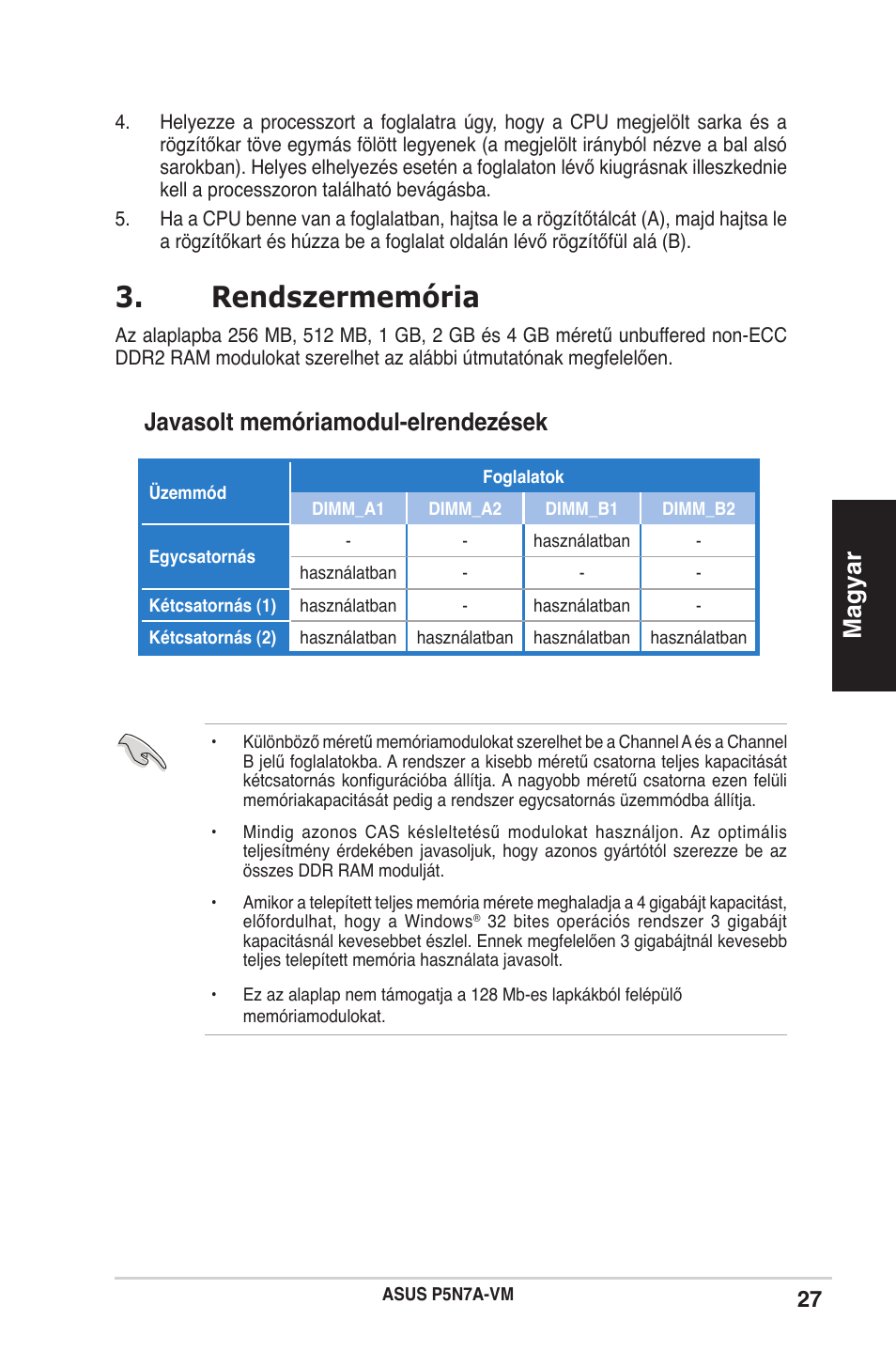 Rendszermemória, Magyar, Javasolt memóriamodul-elrendezések | Asus P5N7A-VM User Manual | Page 27 / 38