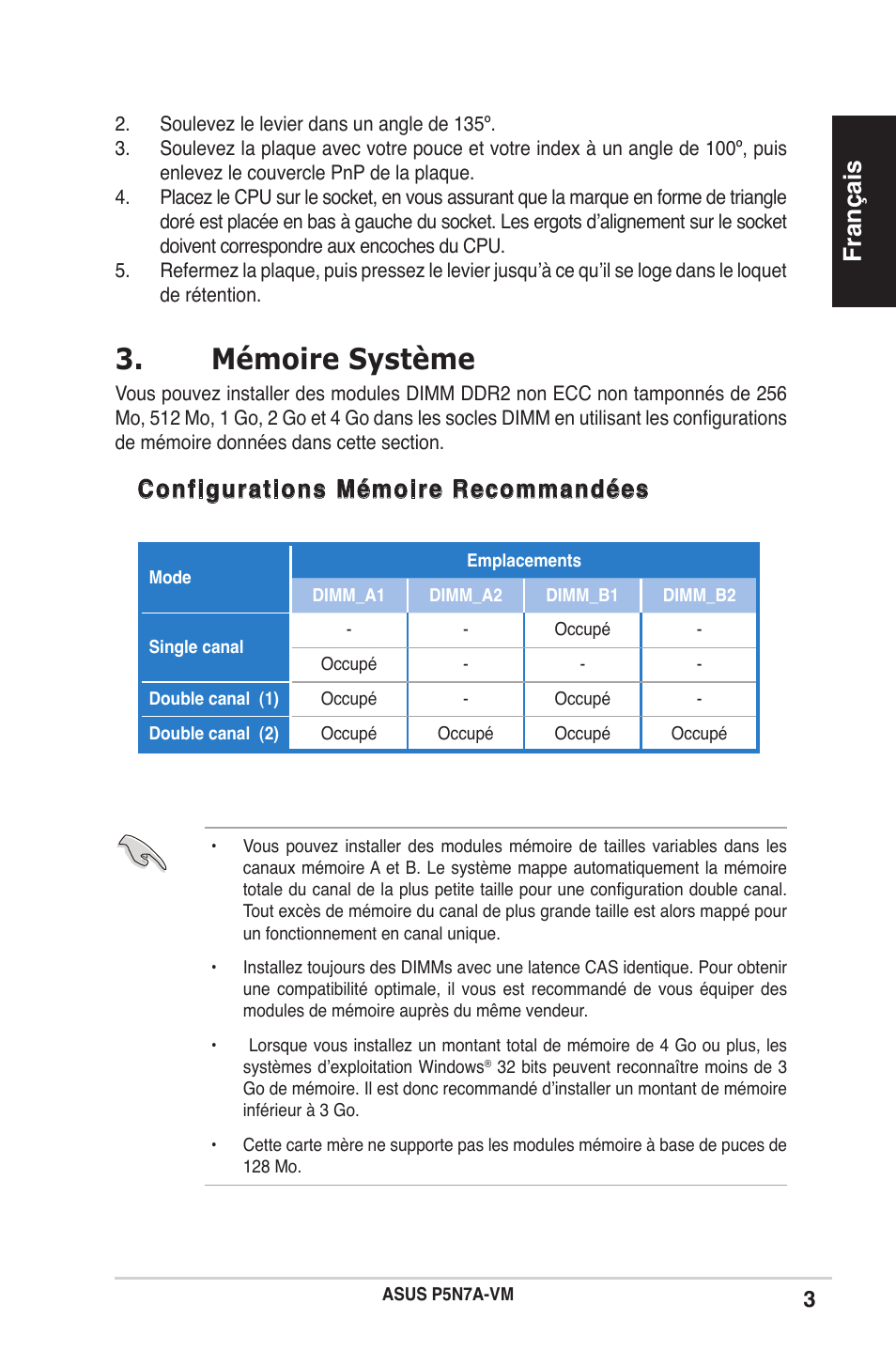 Mémoire système, Français, Configurations mémoire recommandées | Asus P5N7A-VM User Manual | Page 3 / 38