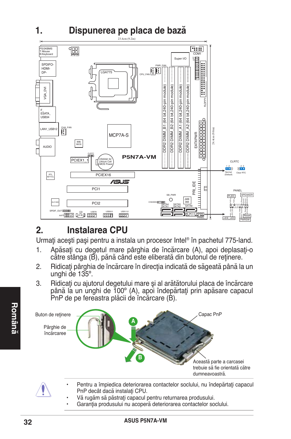 Dispunerea pe placa de bază, Instalarea cpu, Română | Asus p5n7a-vm, Ba b, P5n7a-vm, Mcp7a-s | Asus P5N7A-VM User Manual | Page 32 / 38