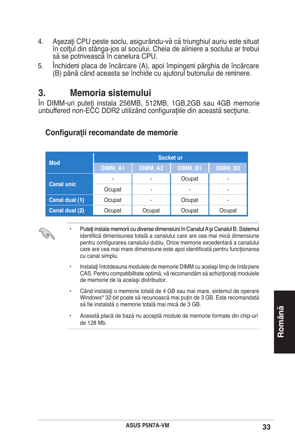 Română | Asus P5N7A-VM User Manual | Page 33 / 38