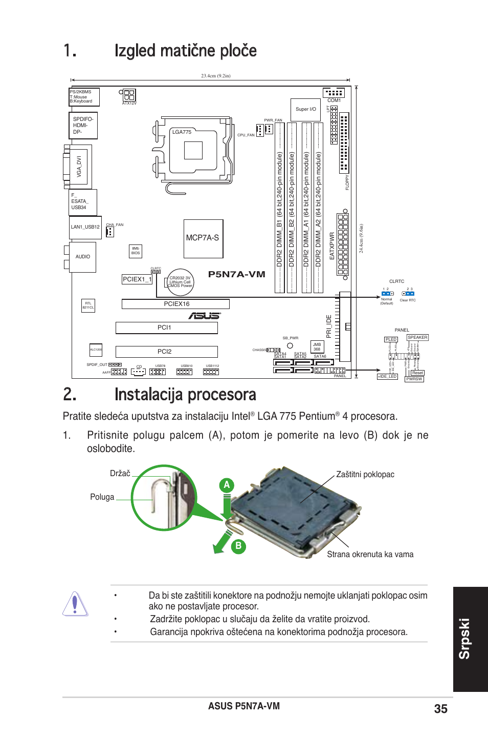 Izgled matične ploče 2. instalacija procesora, Srpski, Pratite sledeća uputstva za instalaciju intel | Lga 775 pentium, Asus p5n7a-vm, Ba b, P5n7a-vm, Mcp7a-s | Asus P5N7A-VM User Manual | Page 35 / 38