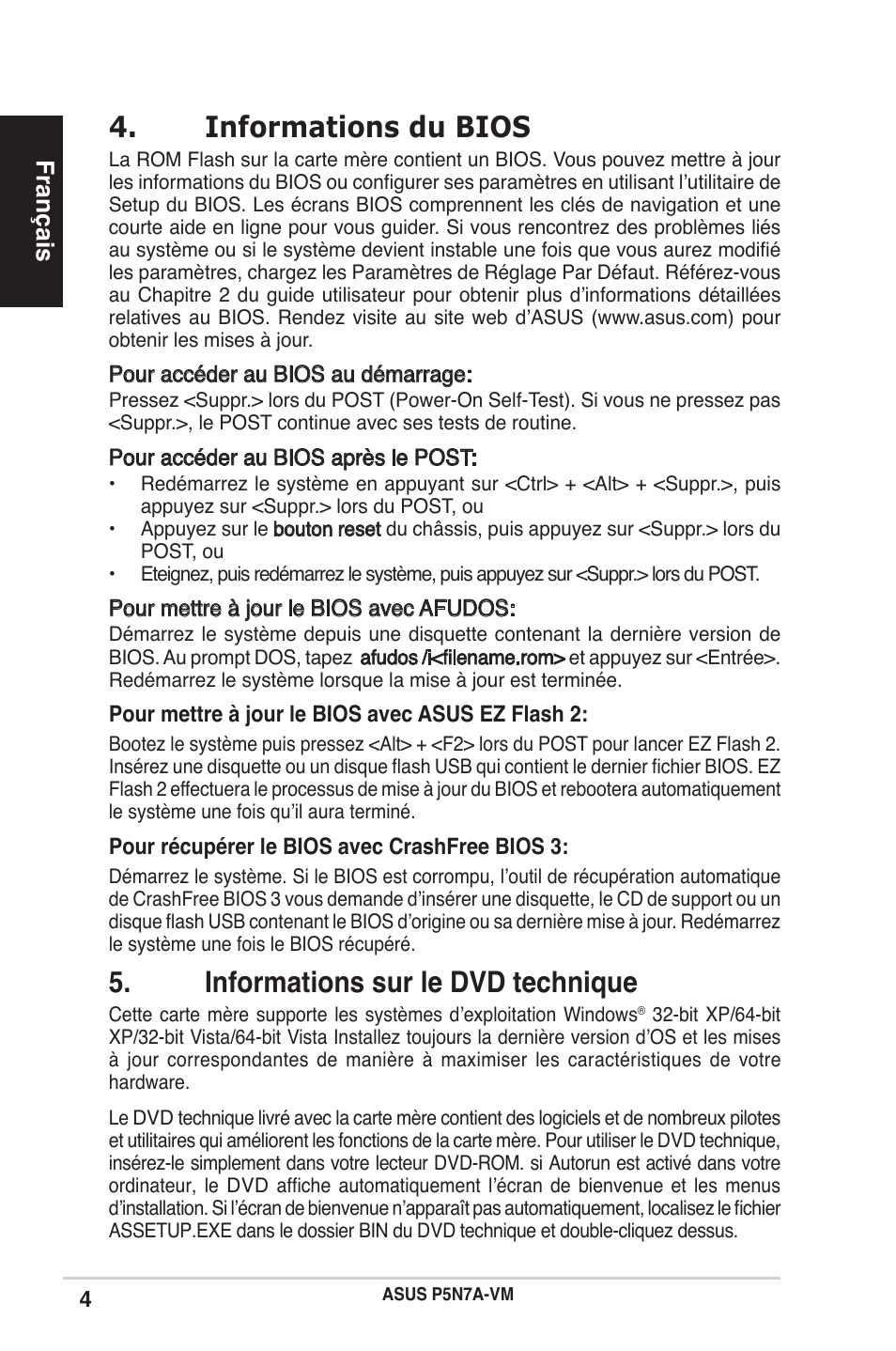 Informations du bios, Informations sur le dvd technique, Français | Asus P5N7A-VM User Manual | Page 4 / 38