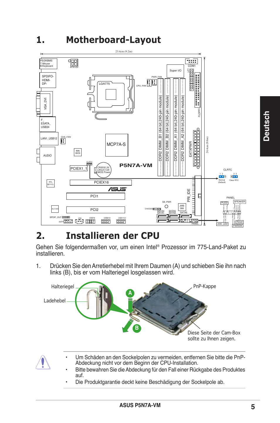 Installieren der cpu, Motherboard-layout, Deutsch | Gehen sie folgendermaßen vor, um einen intel, Asus p5n7a-vm, Ba b, P5n7a-vm, Mcp7a-s | Asus P5N7A-VM User Manual | Page 5 / 38