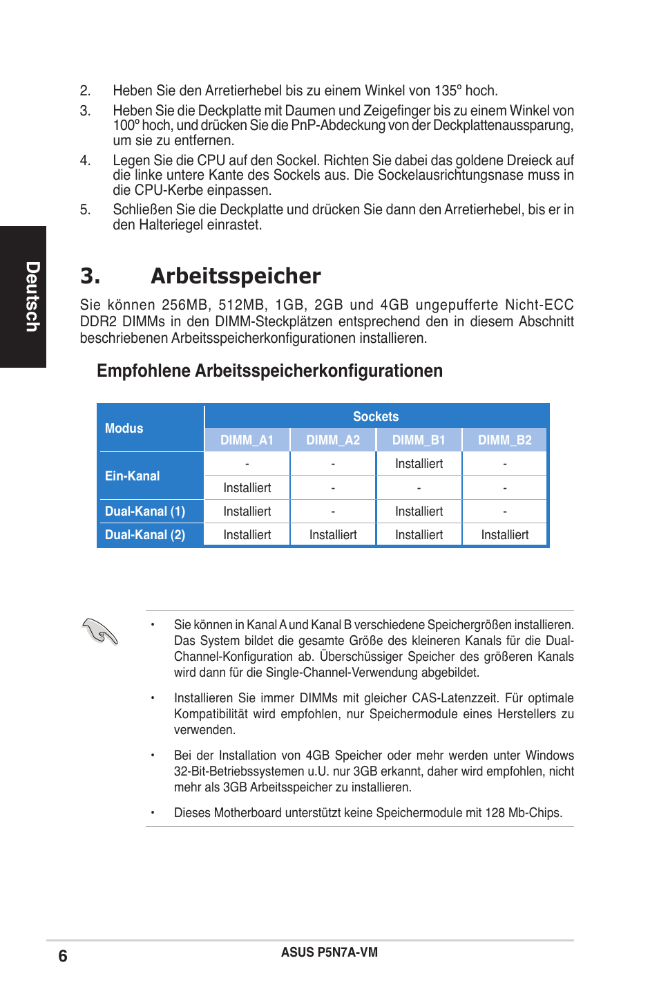 Arbeitsspeicher, Deutsch, Empfohlene arbeitsspeicherkonfigurationen | Asus P5N7A-VM User Manual | Page 6 / 38