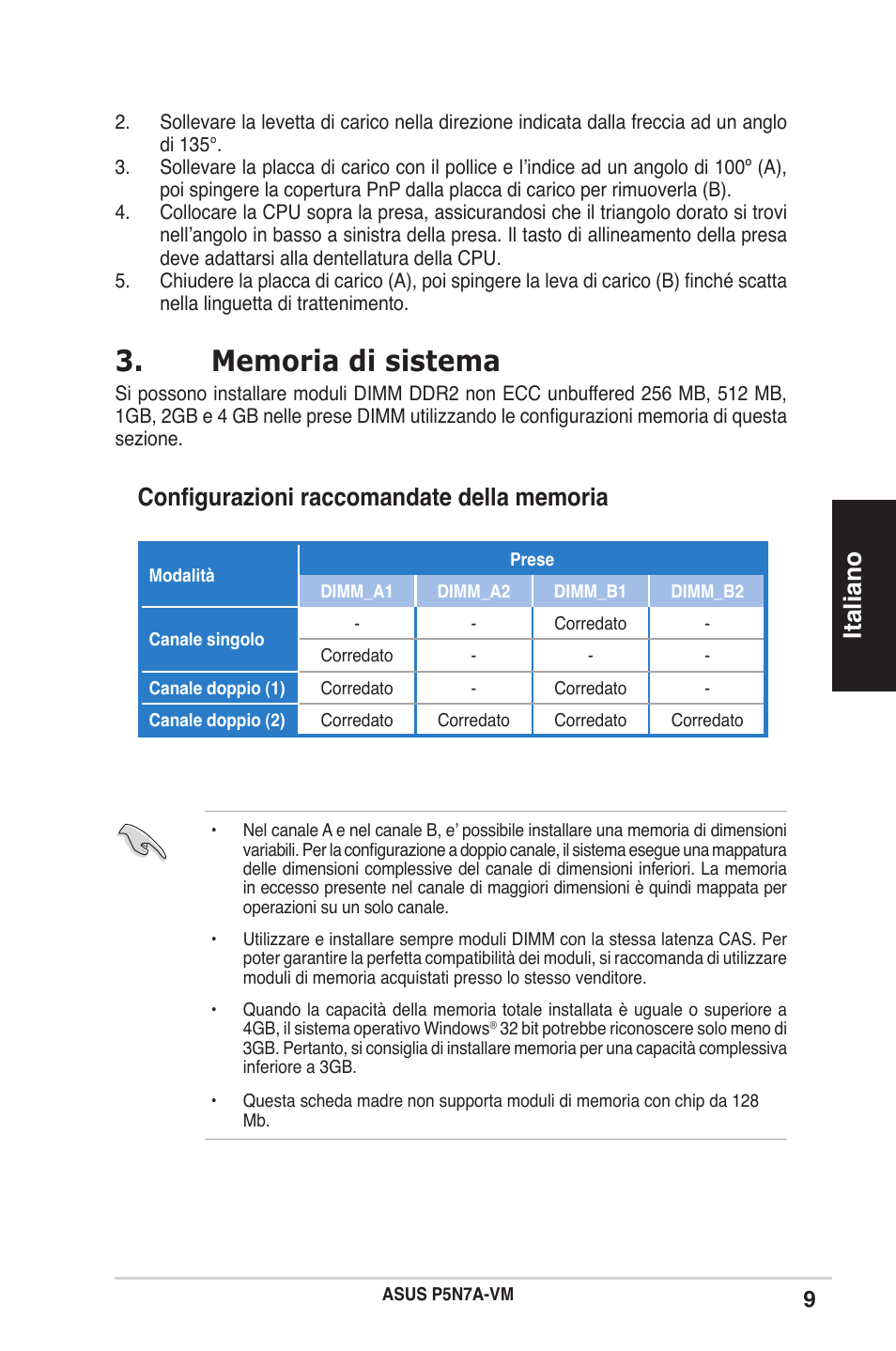 Italiano | Asus P5N7A-VM User Manual | Page 9 / 38