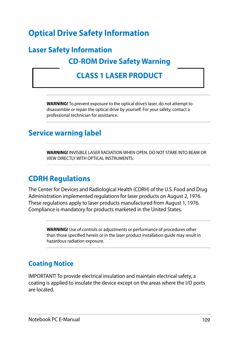 Optical drive safety information, Laser safety information, Cdrh regulations | Coating notice | Asus UX302LG User Manual | Page 109 / 114