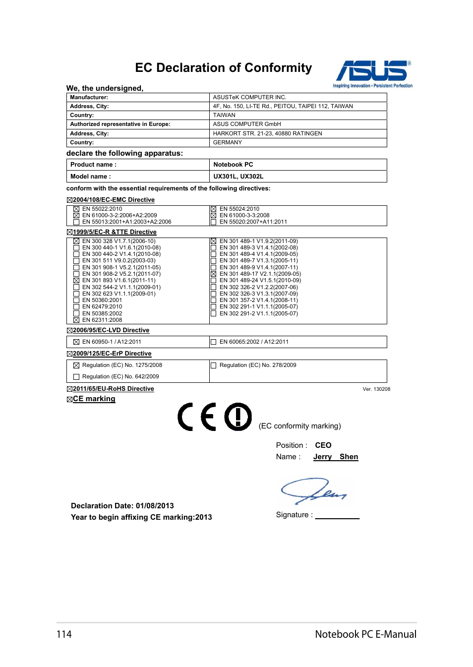 Ec declaration of conformity | Asus UX302LG User Manual | Page 114 / 114