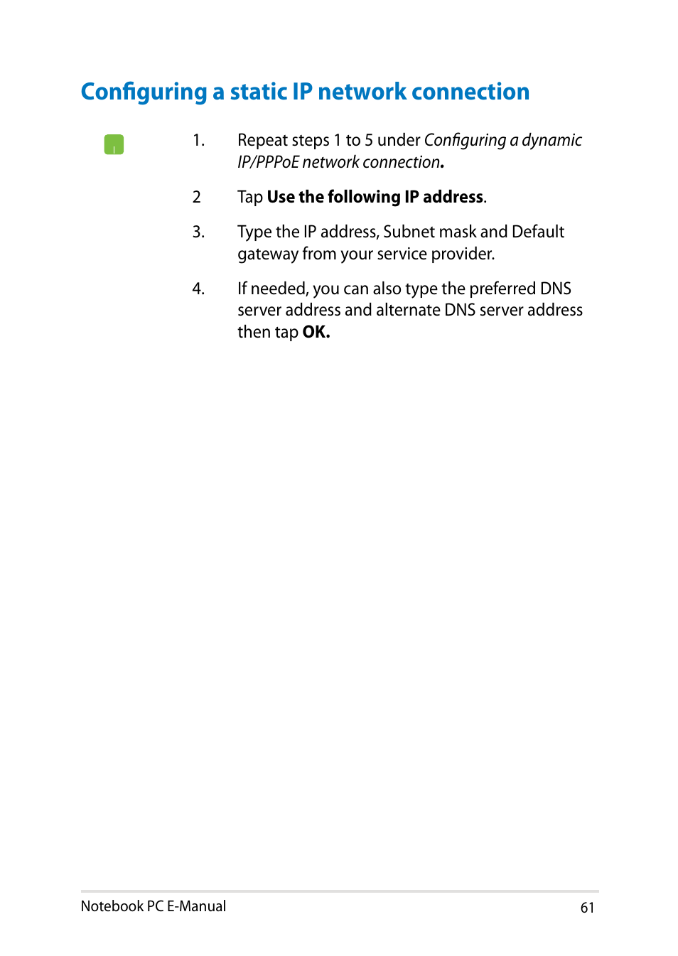 Configuring a static ip network connection | Asus UX302LG User Manual | Page 61 / 114