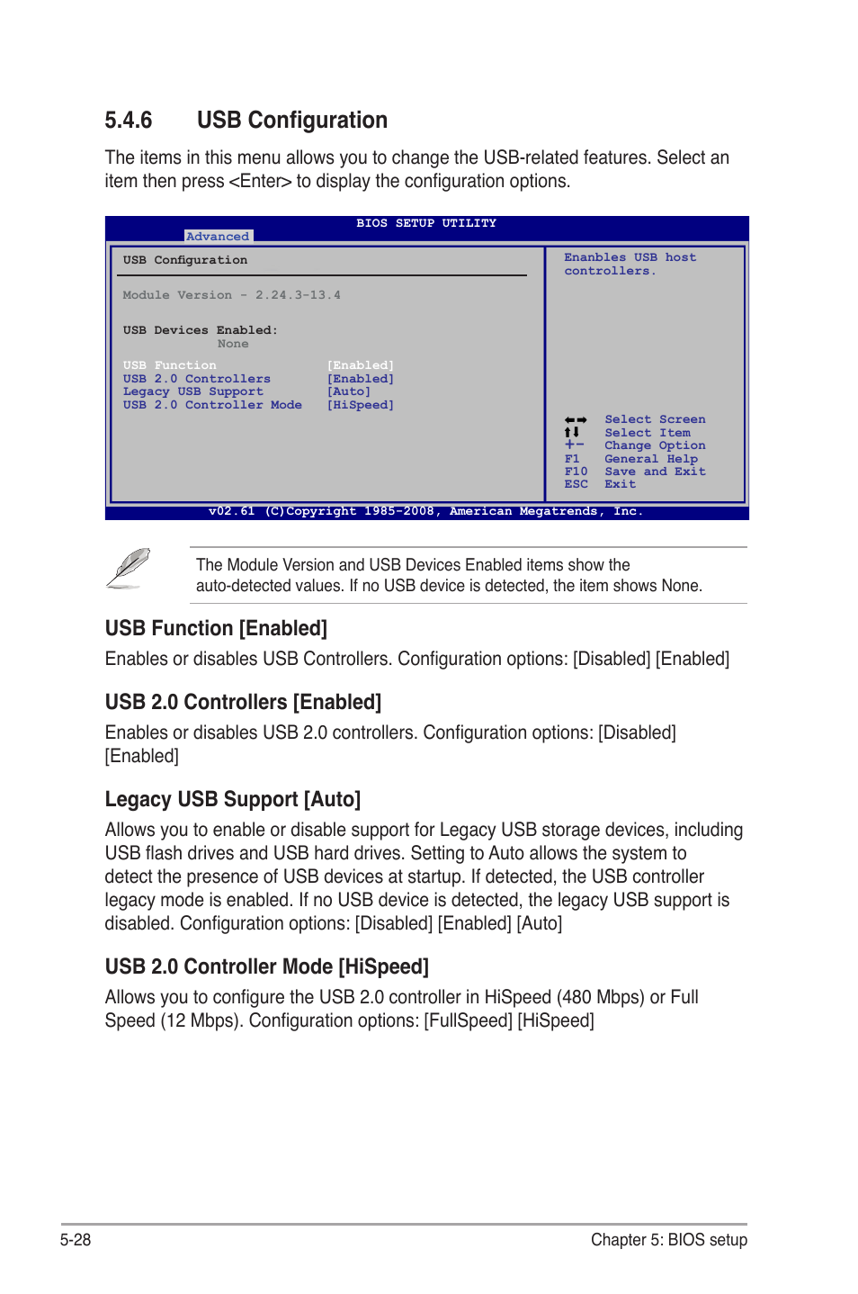 6 usb configuration, Usb configuration -28, Usb function [enabled | Usb 2.0 controllers [enabled, Legacy usb support [auto, Usb 2.0 controller mode [hispeed | Asus V4-M3A3200 User Manual | Page 100 / 112