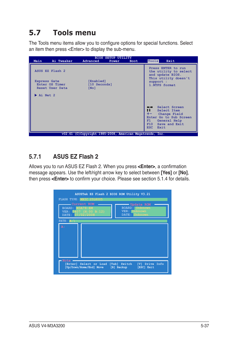 7 tools menu, 1 asus ez flash 2, Tools menu -37 5.7.1 | Asus ez flash 2 -37, 5�.7 tools menu | Asus V4-M3A3200 User Manual | Page 109 / 112