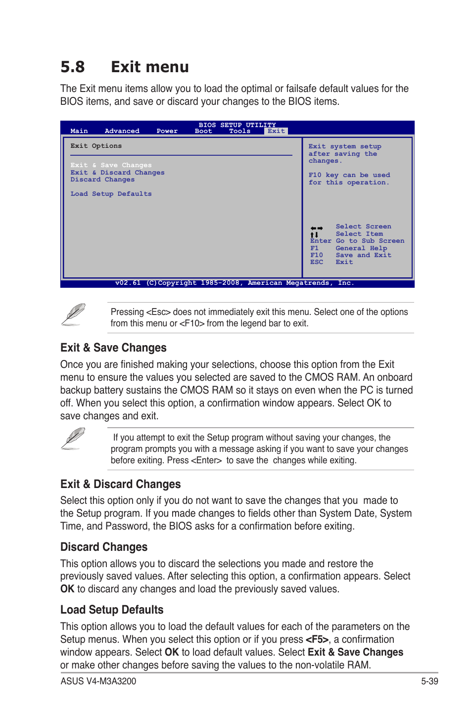 8 exit menu, Exit menu -39, 5�.8 exit menu | Exit & save changes, Exit & discard changes, Discard changes, Load setup defaults | Asus V4-M3A3200 User Manual | Page 111 / 112