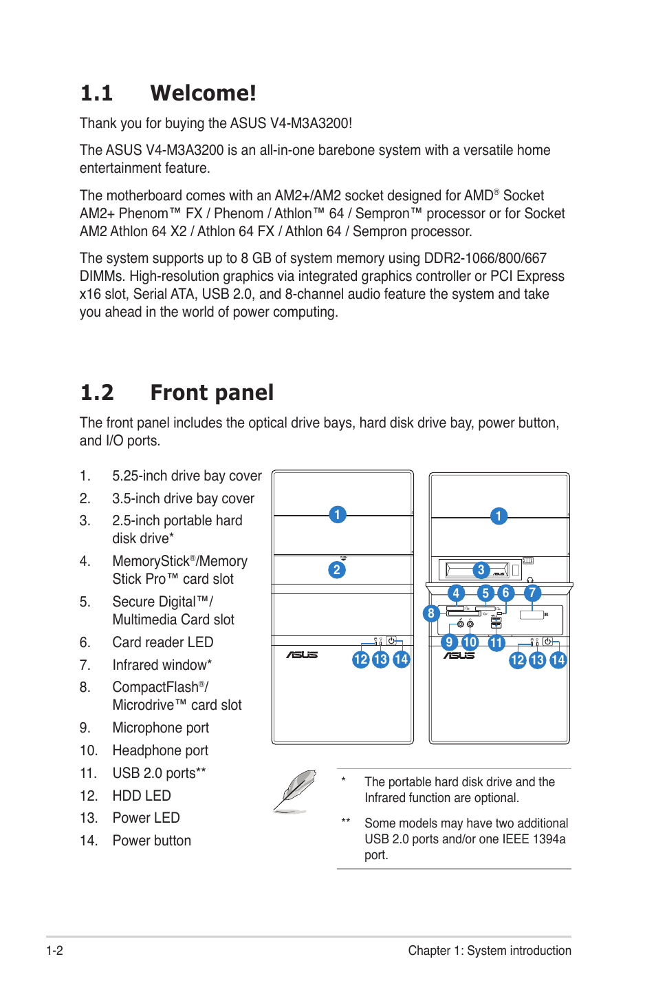 1 welcome, 2 front panel, Welcome! -2 | Front panel -2 | Asus V4-M3A3200 User Manual | Page 14 / 112