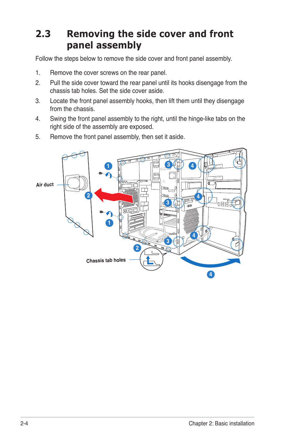 3 removing the side cover and front panel assembly | Asus V4-M3A3200 User Manual | Page 24 / 112