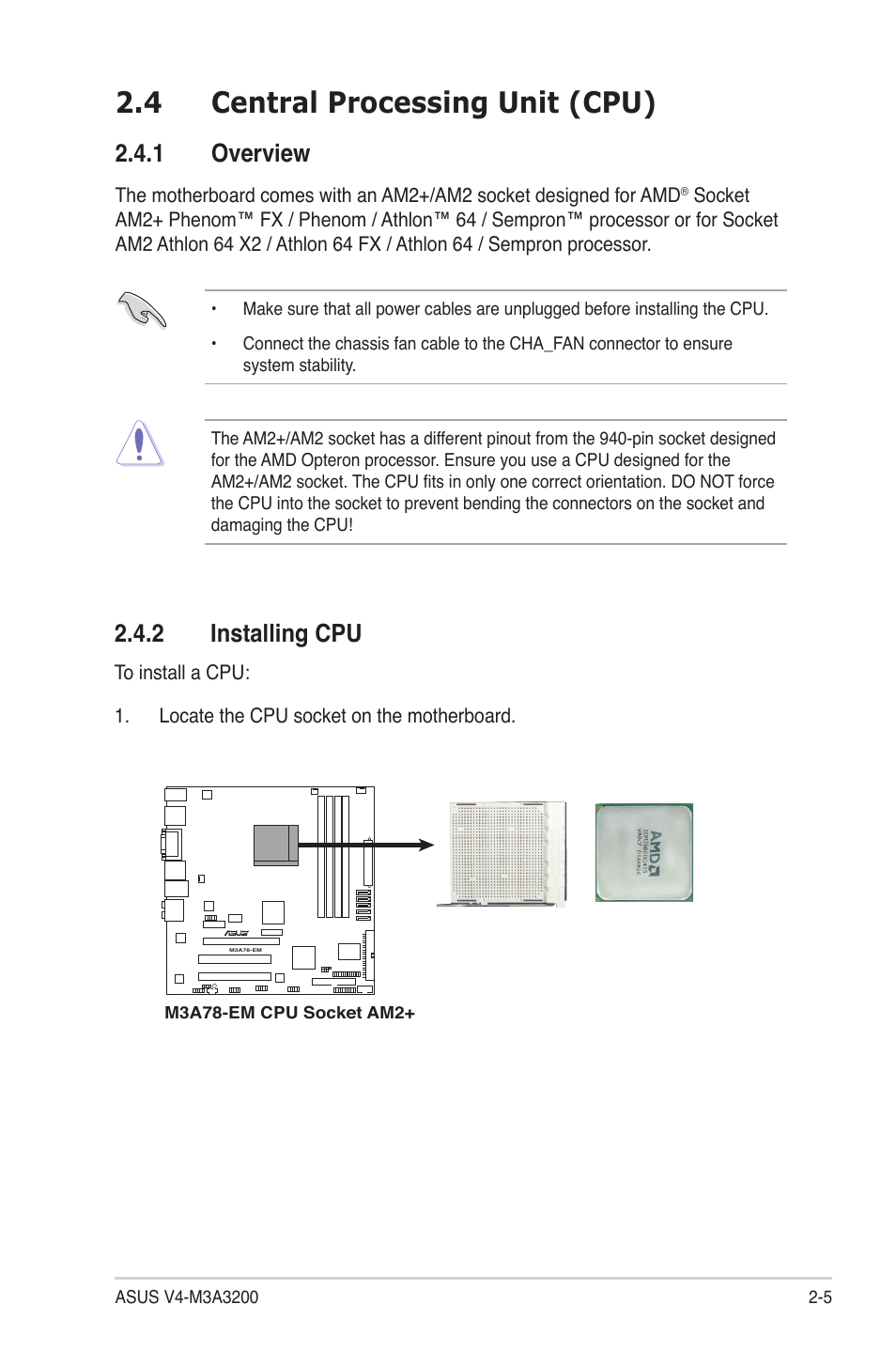 4 central processing unit (cpu), 1 overview, 2 installing cpu | Central processing unit (cpu) -5 2.4.1, Overview -5, Installing cpu -5 | Asus V4-M3A3200 User Manual | Page 25 / 112