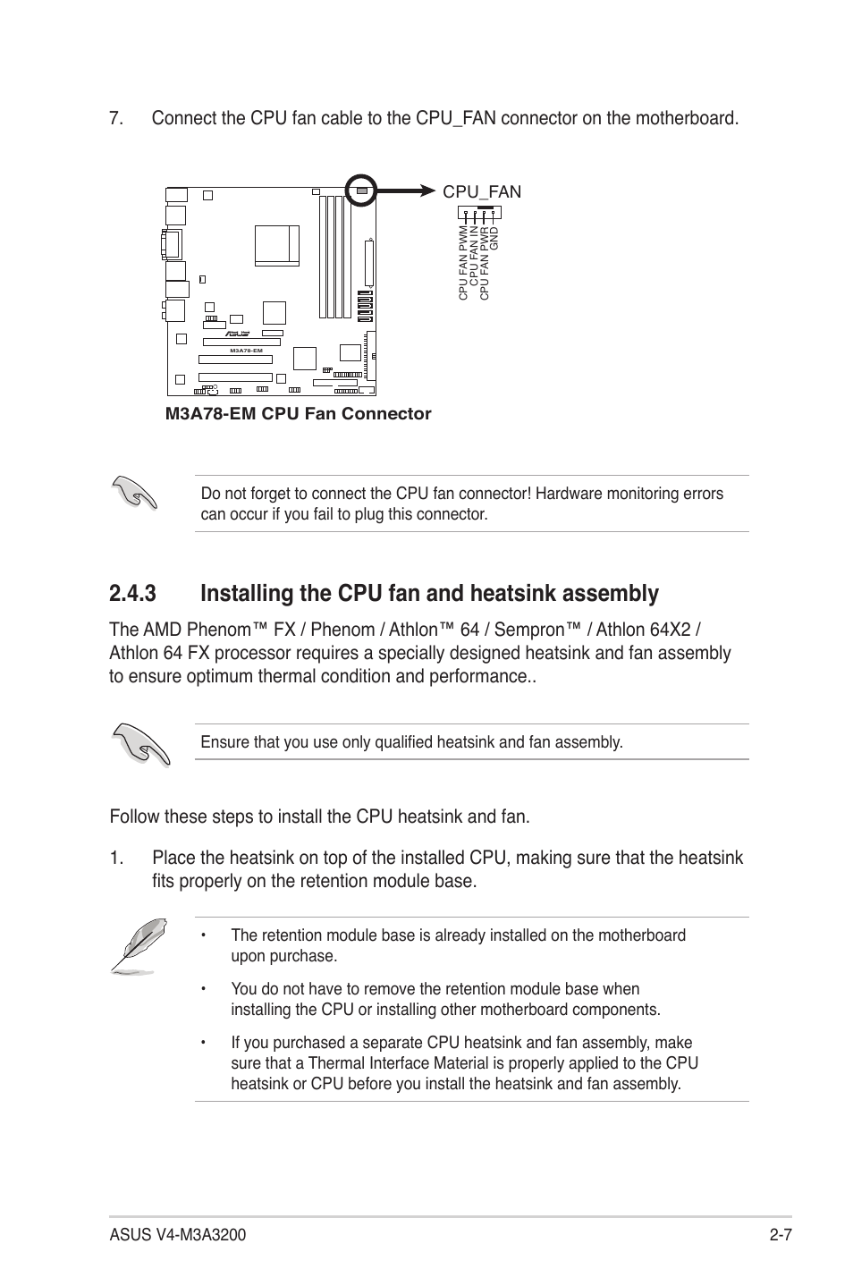 3 installing the cpu fan and heatsink assembly, Installing the cpu fan and heatsink assembly -7 | Asus V4-M3A3200 User Manual | Page 27 / 112