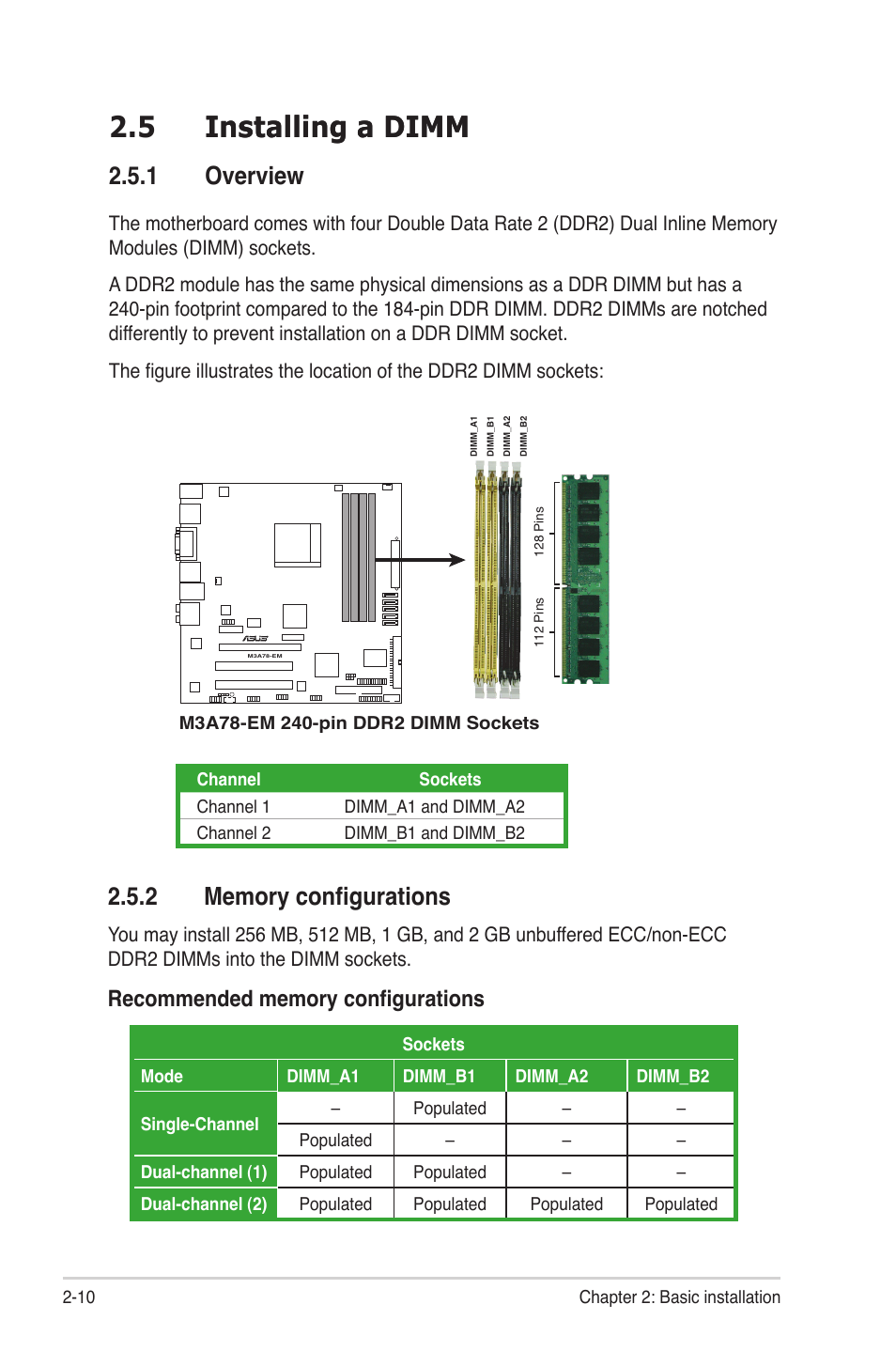 5 installing a dimm, 1 overview, 2 memory configurations | Installing a dimm -10 2.5.1, Overview -10, Memory configurations -10, 5� installing a �imm installing a �imm | Asus V4-M3A3200 User Manual | Page 30 / 112