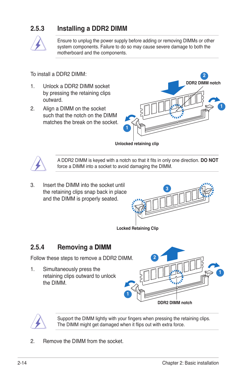 3 installing a ddr2 dimm, 4 removing a dimm, Installing a ddr2 dimm -14 | Removing a dimm -14, 4 removing a dimm dimm dimm | Asus V4-M3A3200 User Manual | Page 34 / 112