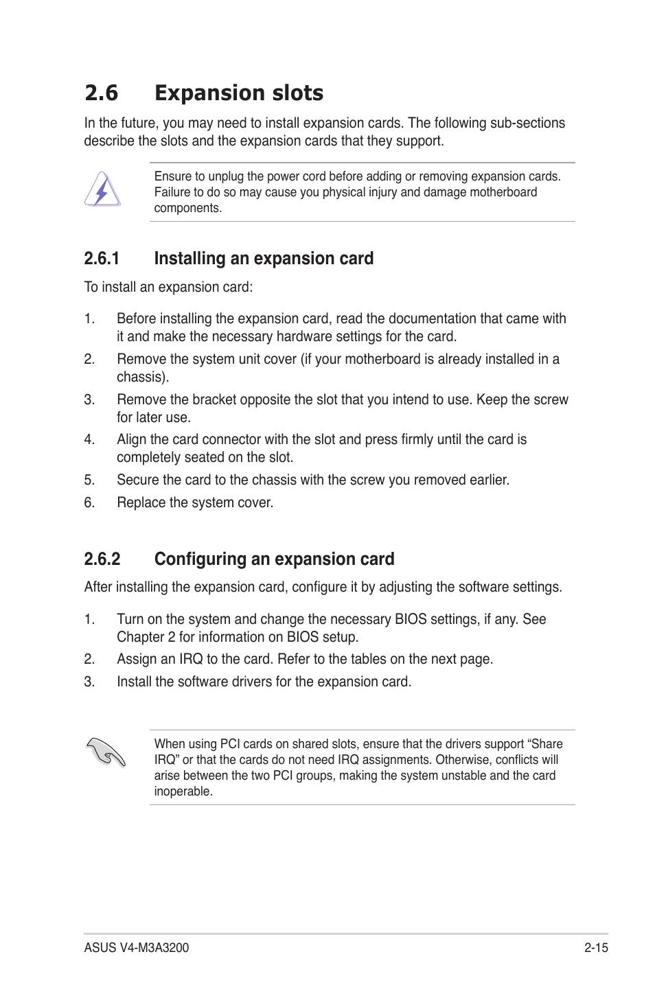 6 expansion slots, 1 installing an expansion card, 2 configuring an expansion card | Expansion slots -15 2.6.1, Installing an expansion card -15, Configuring an expansion card -15 | Asus V4-M3A3200 User Manual | Page 35 / 112