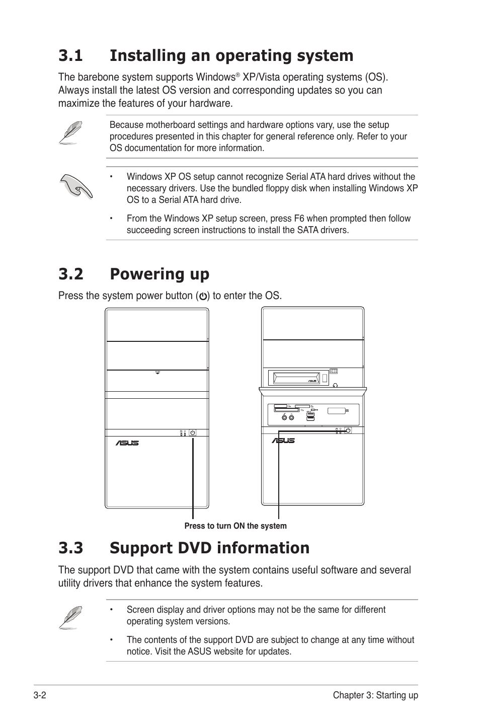 1 installing an operating system, 2 powering up, 3 support dvd information | Installing an operating system -2, Powering up -2, Support dvd information -2, 3 support �v� information | Asus V4-M3A3200 User Manual | Page 44 / 112