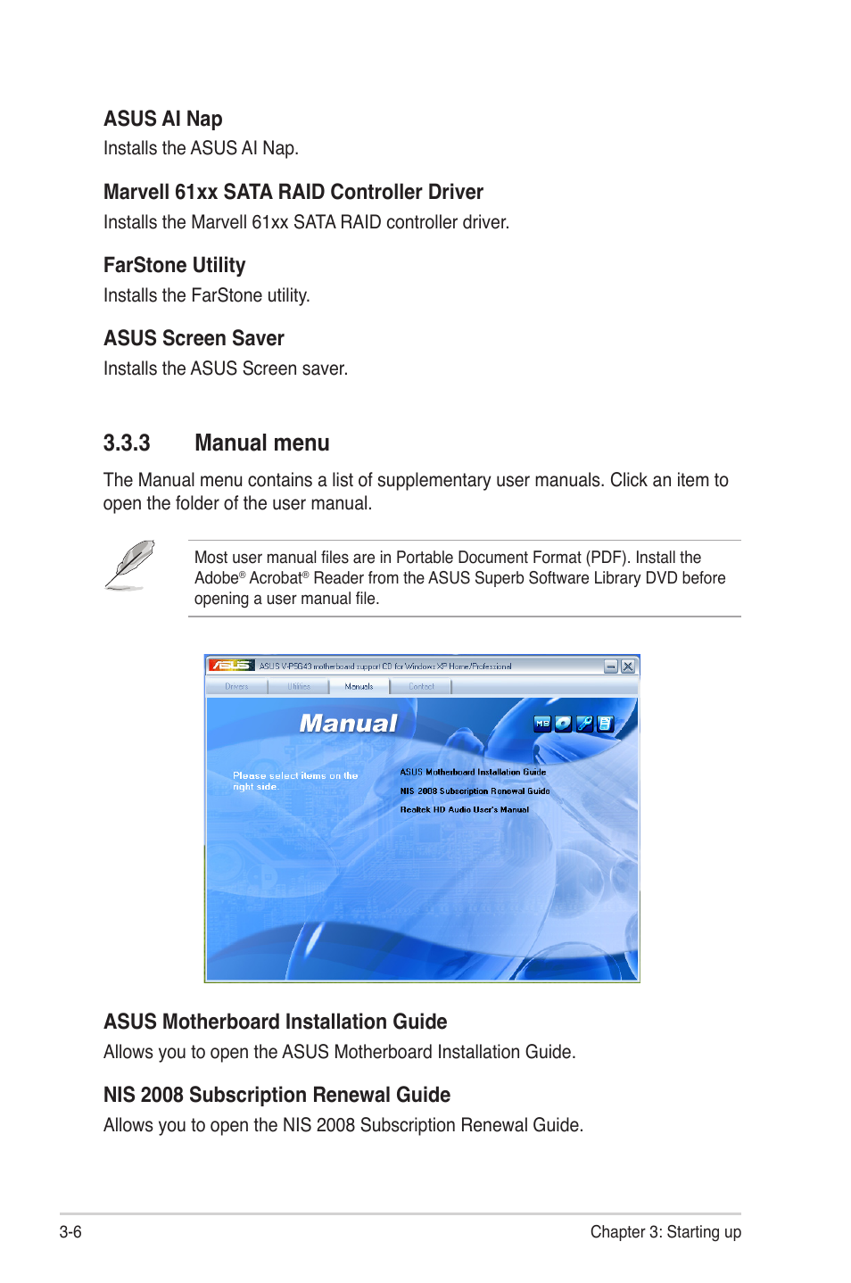 3 manual menu, Manual menu -6 | Asus V4-M3A3200 User Manual | Page 48 / 112