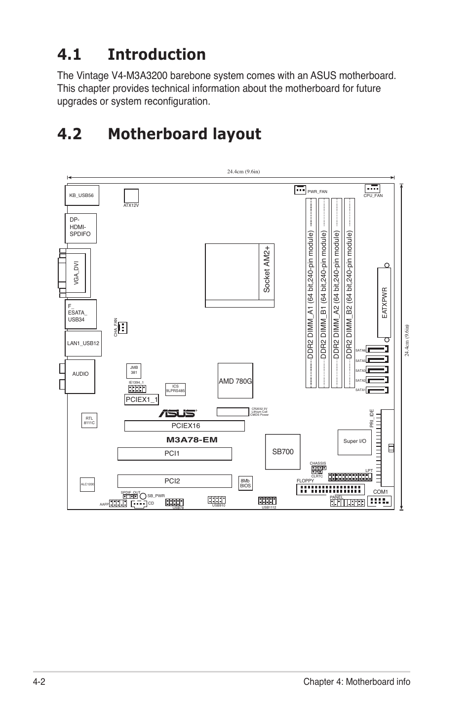 1 introduction, 2 motherboard layout, Introduction -2 | Motherboard layout -2, 2 chapter 4: motherboard info, Socket am2, Sb700, M3a78-em | Asus V4-M3A3200 User Manual | Page 60 / 112