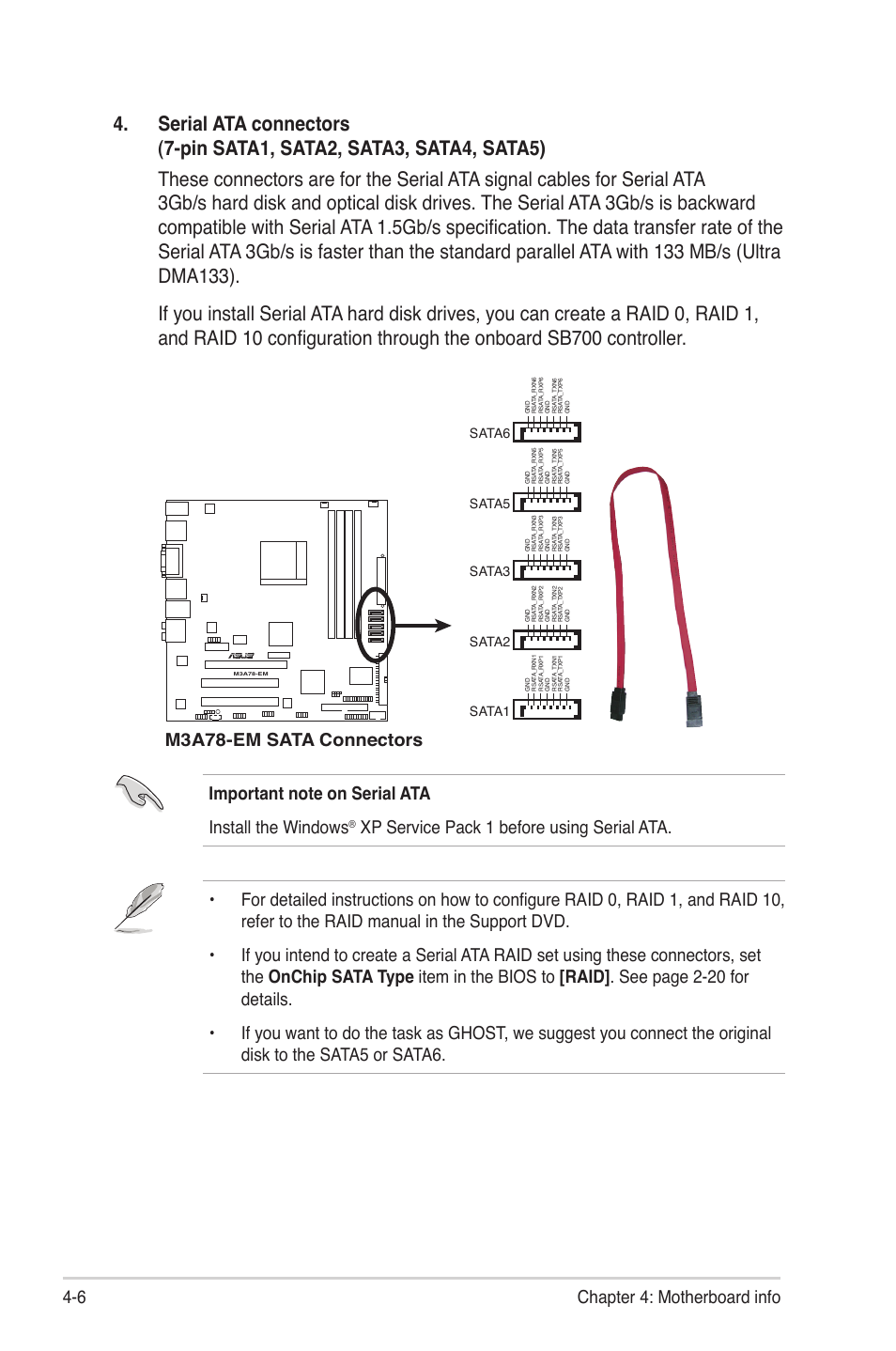 6 chapter 4: motherboard info, Sata5, Sata6 | Sata2, Sata3, Sata1 | Asus V4-M3A3200 User Manual | Page 64 / 112