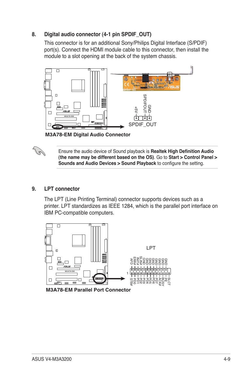 Spdif_out, M3a78-em parallel port connector | Asus V4-M3A3200 User Manual | Page 67 / 112