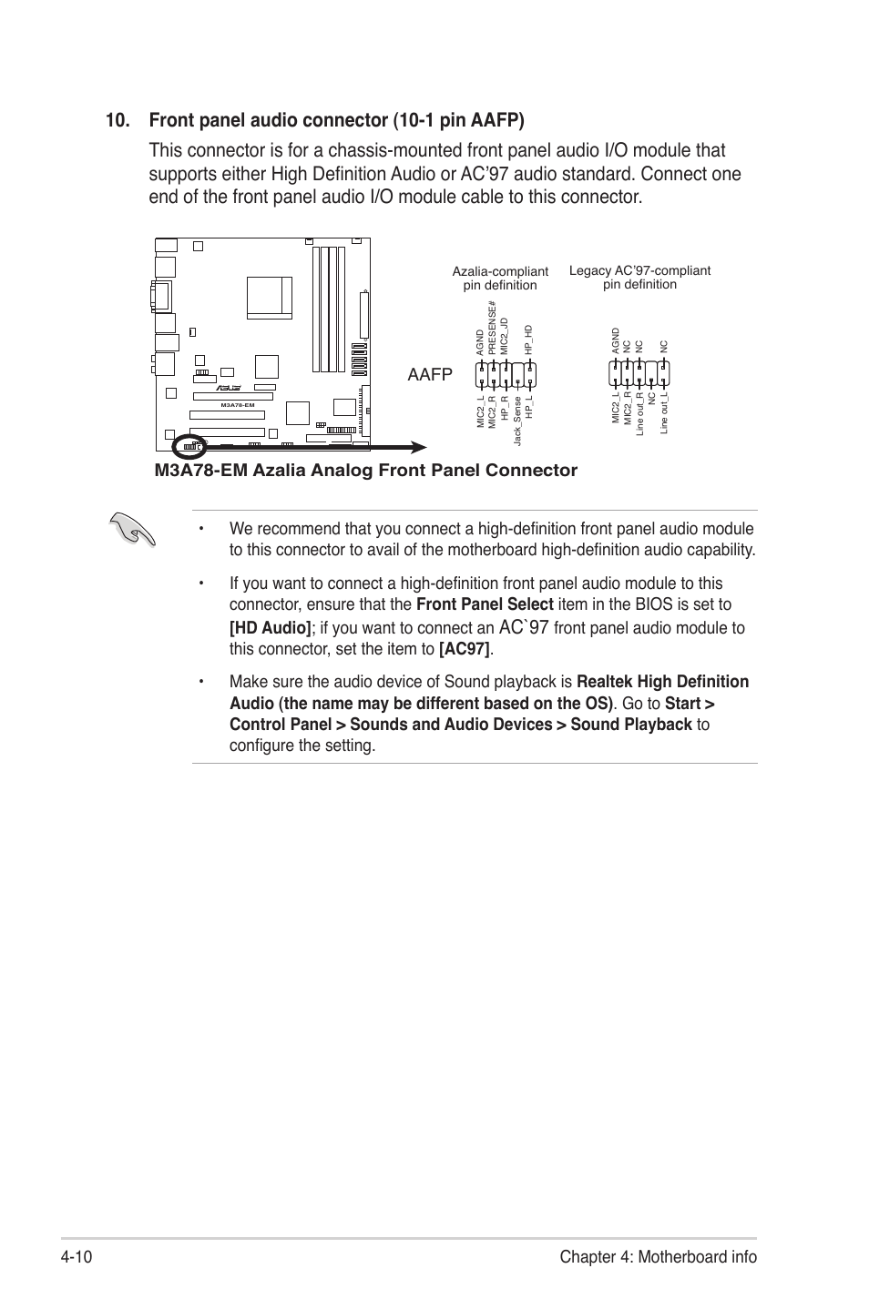 Ac`97, 10 chapter 4: motherboard info, Aafp | Asus V4-M3A3200 User Manual | Page 68 / 112