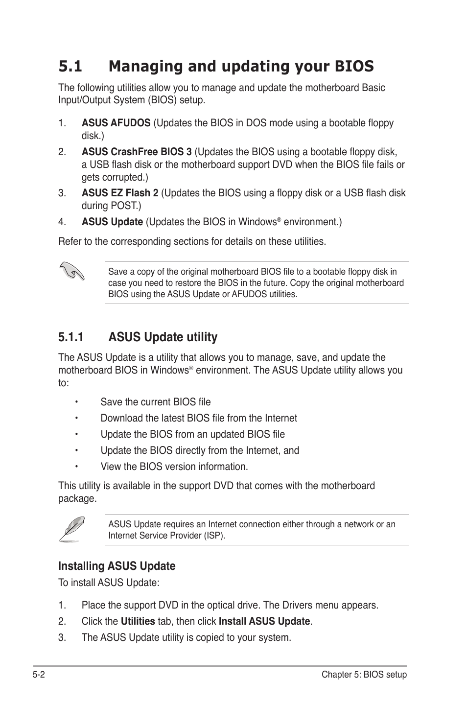 1 managing and updating your bios, 1 asus update utility, Managing and updating your bios -2 5.1.1 | Asus update utility -2, 5�.1 managing and updating your bios | Asus V4-M3A3200 User Manual | Page 74 / 112