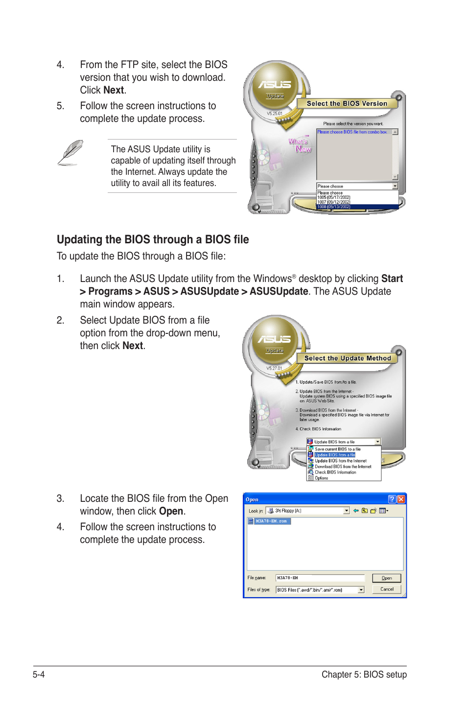 Updating the bios through a bios file | Asus V4-M3A3200 User Manual | Page 76 / 112