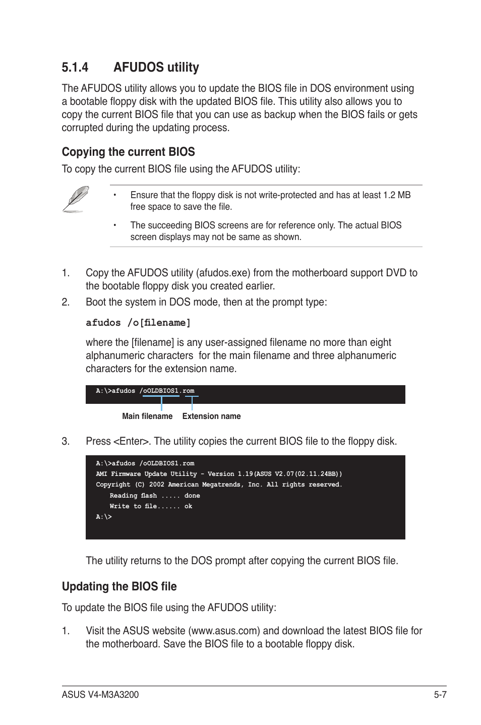 4 afudos utility, Afudos utility -7, Copying the current bios | Updating the bios file | Asus V4-M3A3200 User Manual | Page 79 / 112