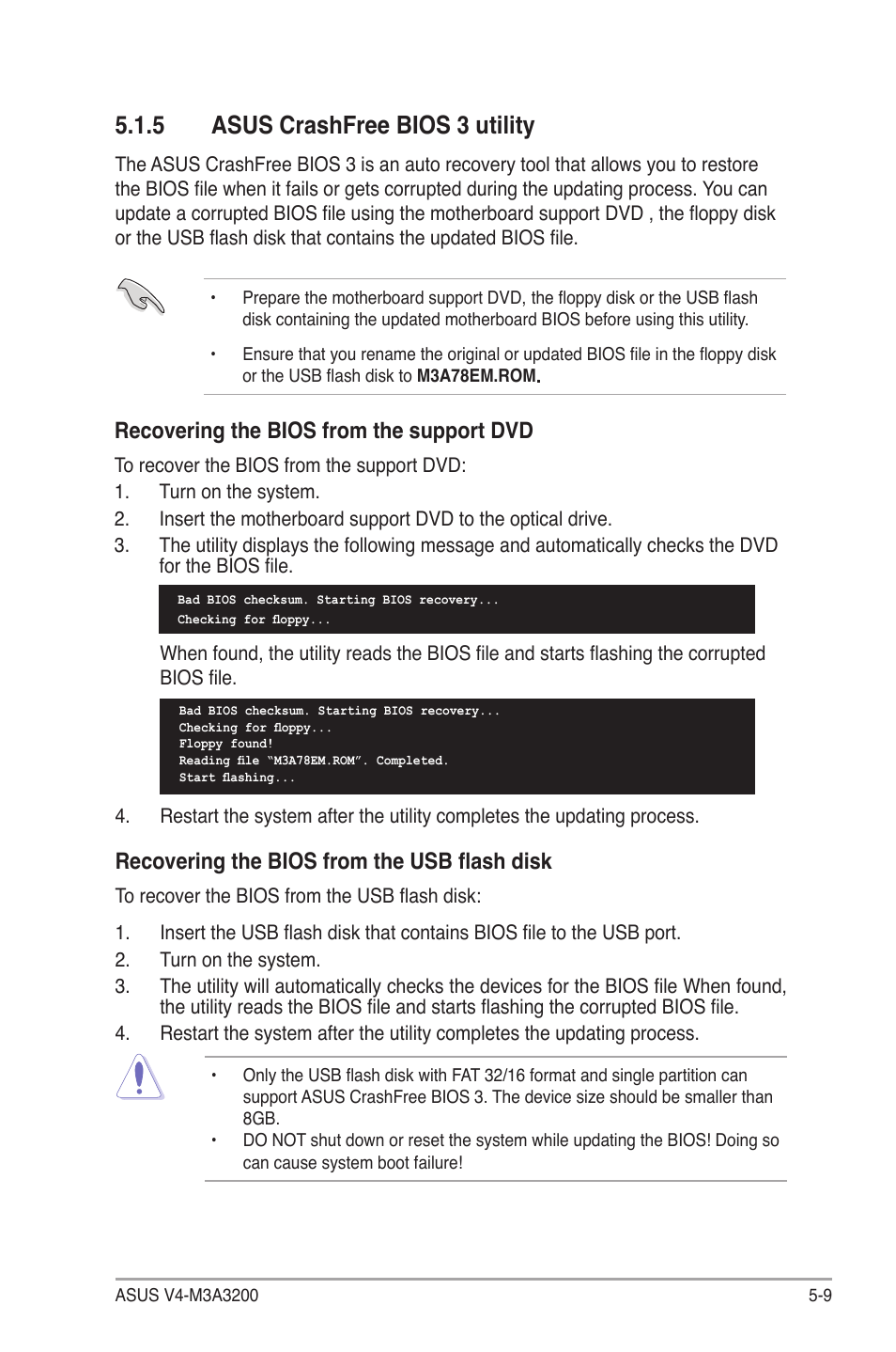 5 asus crashfree bios 3 utility, Asus crashfree bios 3 utility -9, Recovering the bios from the support dvd | Recovering the bios from the usb flash disk | Asus V4-M3A3200 User Manual | Page 81 / 112