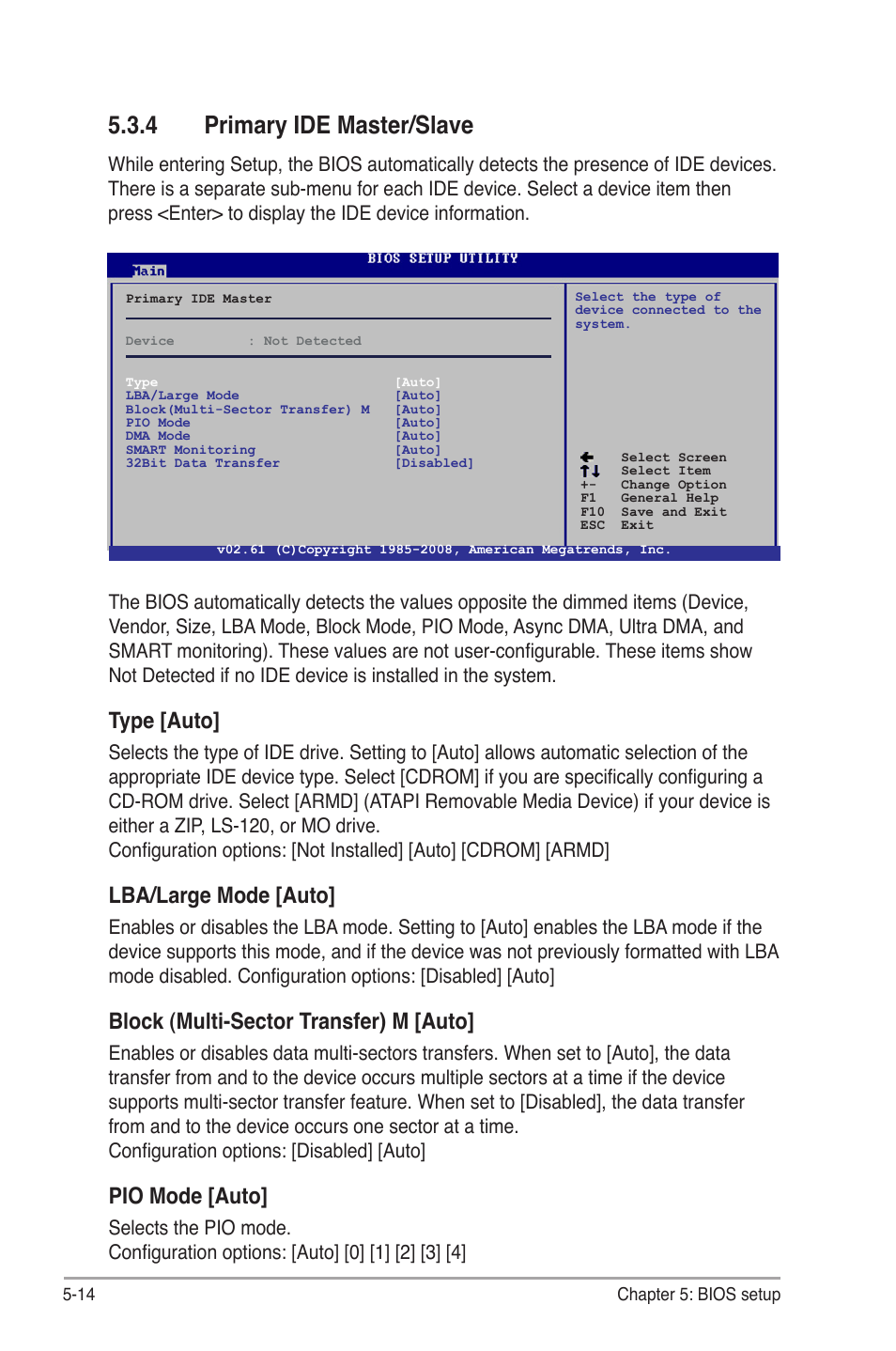 4 primary ide master/slave, Primary ide master/slave -14, Type [auto | Lba/large mode [auto, Block (multi-sector transfer) m [auto, Pio mode [auto | Asus V4-M3A3200 User Manual | Page 86 / 112