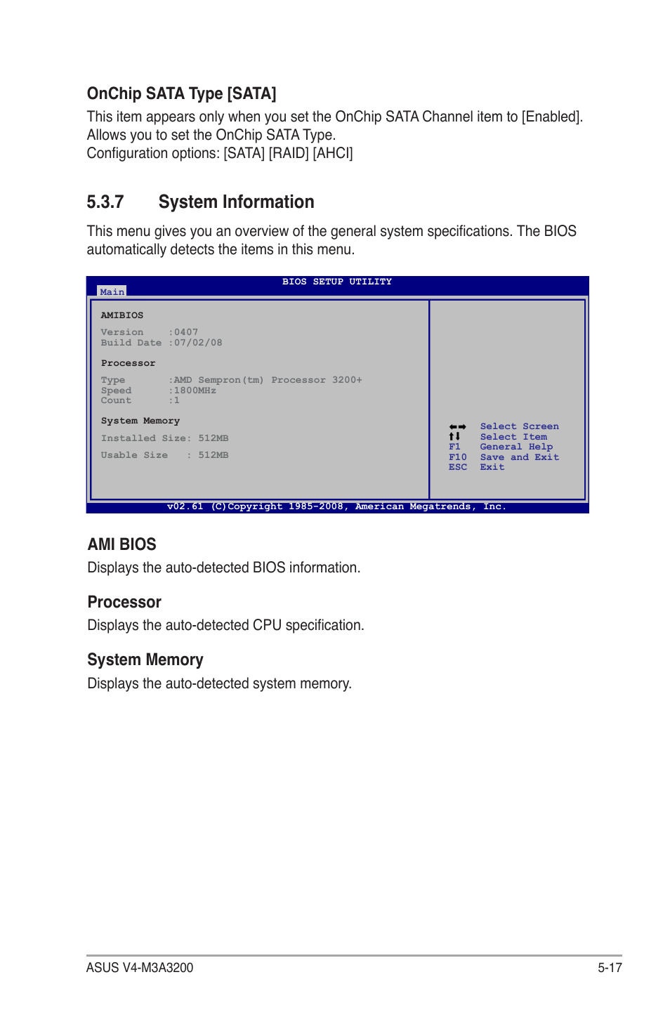 7 system information, System information -17, Onchip sata type [sata | Ami bios, Processor | Asus V4-M3A3200 User Manual | Page 89 / 112