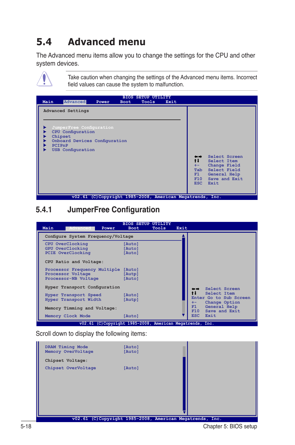 4 advanced menu, 1 jumperfree configuration, Advanced menu -18 5.4.1 | Jumperfree configuration -18, 5�.4 advanced menu, Scroll down to display the following items, 18 chapter 5: bios setup | Asus V4-M3A3200 User Manual | Page 90 / 112