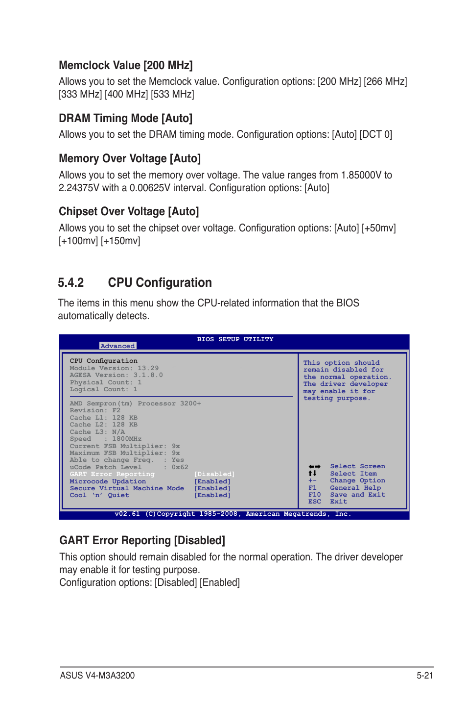 2 cpu configuration, Cpu configuration -21, Gart error reporting [disabled | Memclock value [200 mhz, Dram timing mode [auto, Chipset over voltage [auto | Asus V4-M3A3200 User Manual | Page 93 / 112