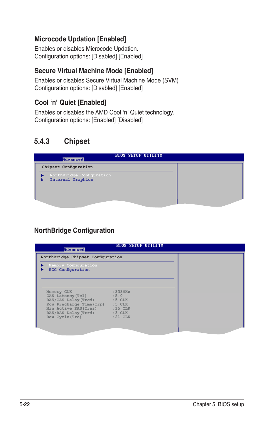 3 chipset, Chipset -22, Microcode updation [enabled | Secure virtual machine mode [enabled, Cool ‘n’ quiet [enabled, Northbridge configuration | Asus V4-M3A3200 User Manual | Page 94 / 112