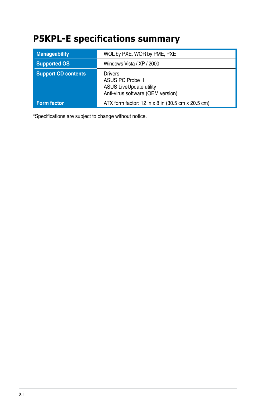 P5kpl-e specifications summary | Asus P5KPL-E User Manual | Page 12 / 98