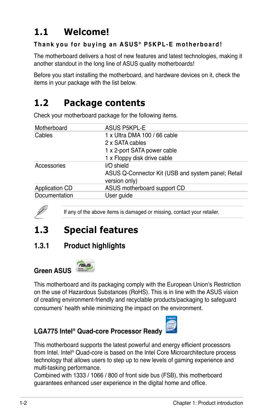 1 welcome, 2 package contents, 3 special features | 1 product highlights | Asus P5KPL-E User Manual | Page 14 / 98