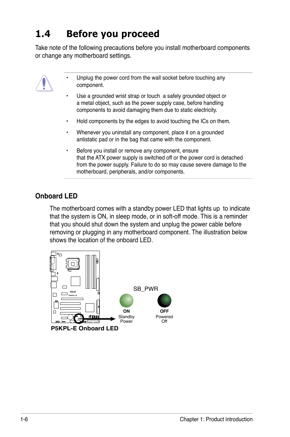 4 before you proceed, Onboard led | Asus P5KPL-E User Manual | Page 18 / 98