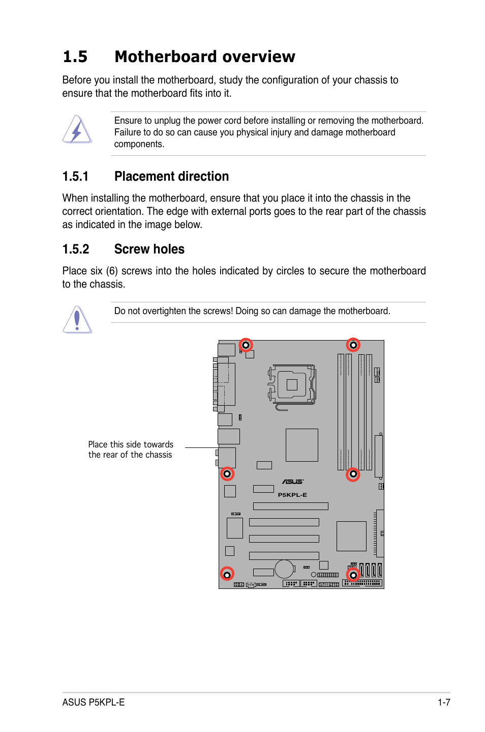 5 motherboard overview, 1 placement direction, 2 screw holes | Asus P5KPL-E User Manual | Page 19 / 98