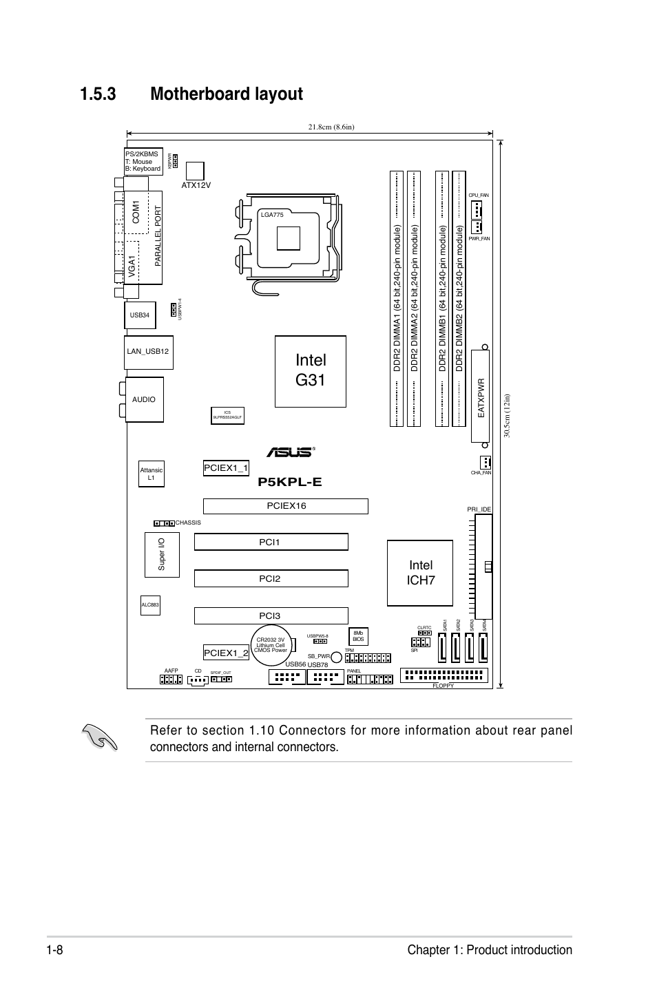 3 motherboard layout, Intel g31, 8 chapter 1: product introduction | Intel ich7, P5kpl-e | Asus P5KPL-E User Manual | Page 20 / 98