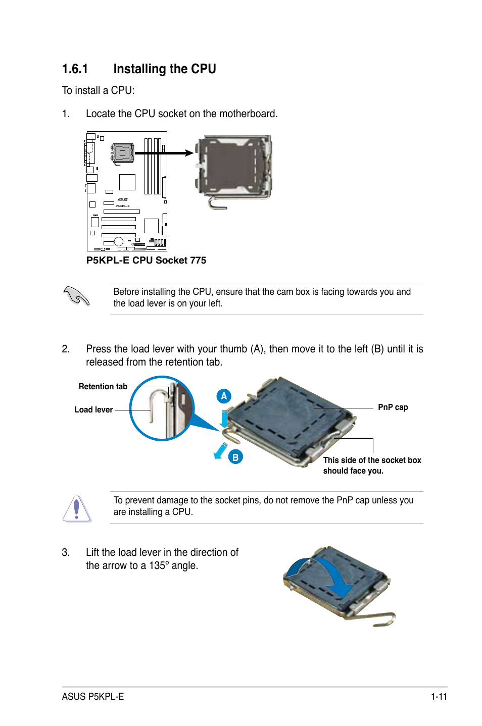 1 installing the cpu | Asus P5KPL-E User Manual | Page 23 / 98