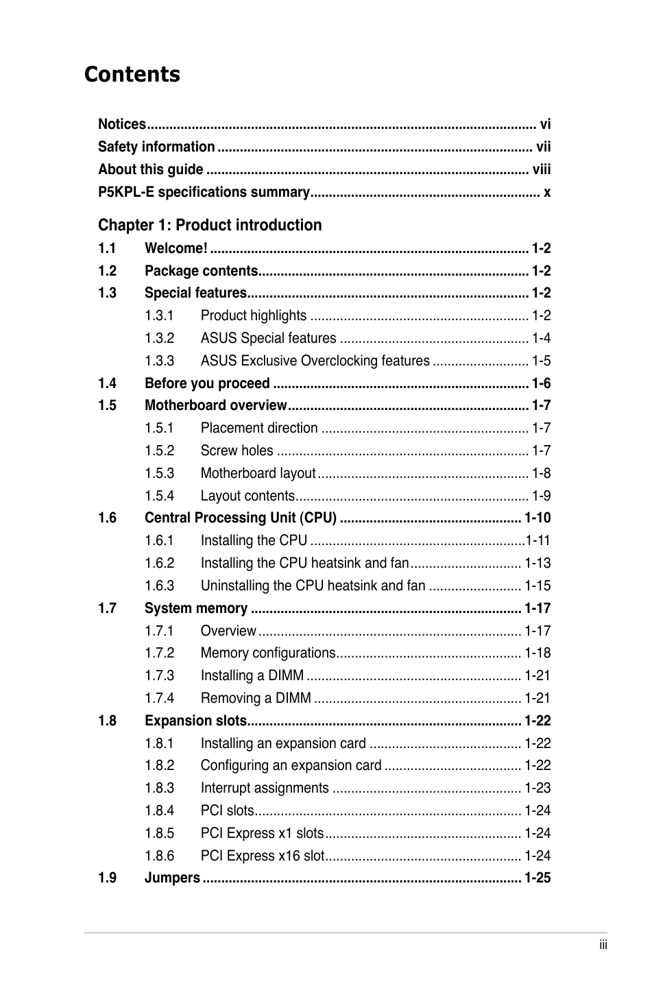 Asus P5KPL-E User Manual | Page 3 / 98