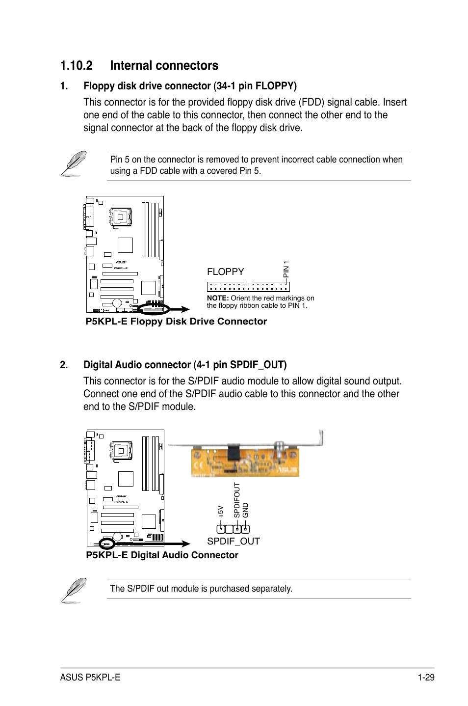 2 internal connectors | Asus P5KPL-E User Manual | Page 41 / 98