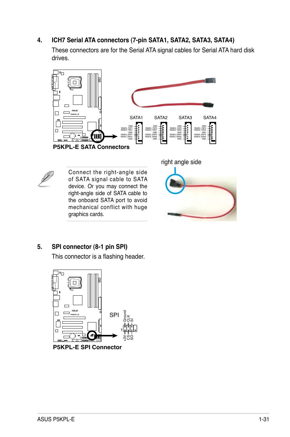 Asus p5kpl-e 1-31, P5kpl-e sata connectors, P5kpl-e spi connector | Asus P5KPL-E User Manual | Page 43 / 98