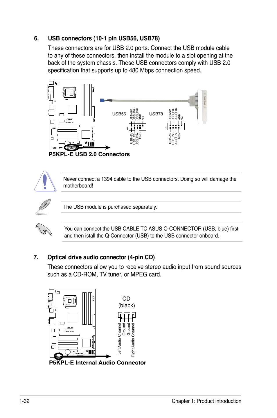 32 chapter 1: product introduction, P5kpl-e internal audio connector, Cd (black) | P5kpl-e usb 2.0 connectors | Asus P5KPL-E User Manual | Page 44 / 98